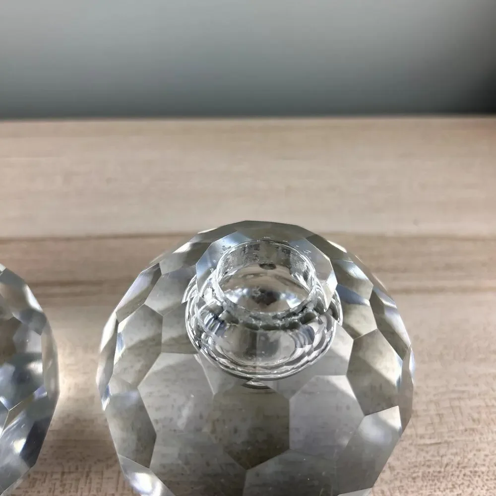 Vintage Faceted Spherical Glass Candlestick Holder Honeycomb Set of 2